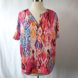 Chico's Ikat-Print Split-Neck Short Sleeve Blouse Pink Orange Bright Sz Small